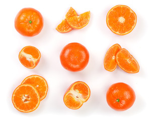Mandarin, tangerine citrus fruit isolated on white background. Top view. Flat lay