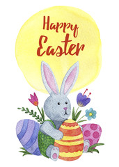 watercolor Easter Bunny holding egg. flowers and Easter eggs. happy Easter