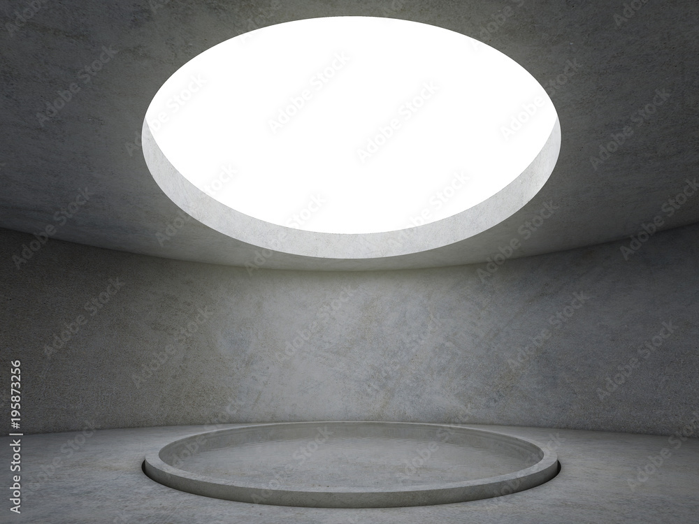 Poster Abstract concrete architecture space with circle lighting hole on ceiling and round pool on the center of the ground