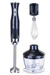 Accessory set with black hand blender on the white background