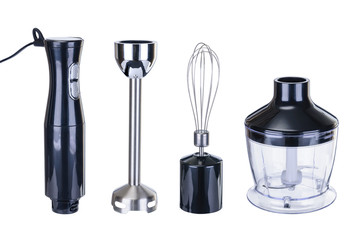 Accessory set with black hand blender on the white background