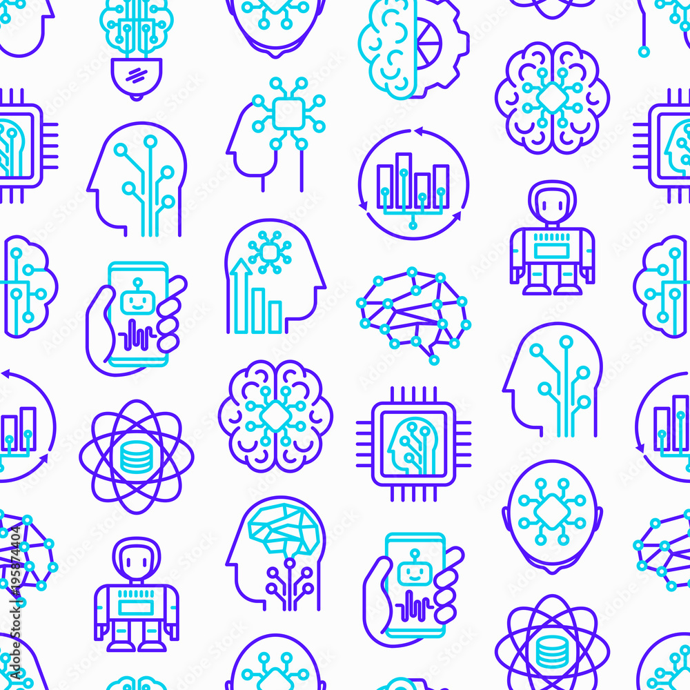 Poster artificial intelligence seamless pattern with thin line icons: robot, brain, machine learning, marke