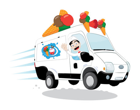 a vector cartoon representing a funny and decorated ice-cream van, with cones and a logo, driven by a cheerful ice-cream man cheering and smiling and wearing a white uniform with a hat and a papillon