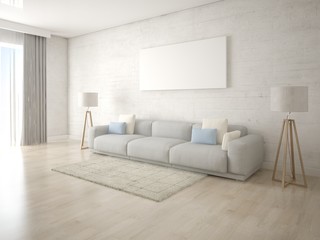 Mock up a stylish living room with trendy floor lamps and a comfortable sofa.