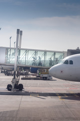 Jet aircraft docked in international airport