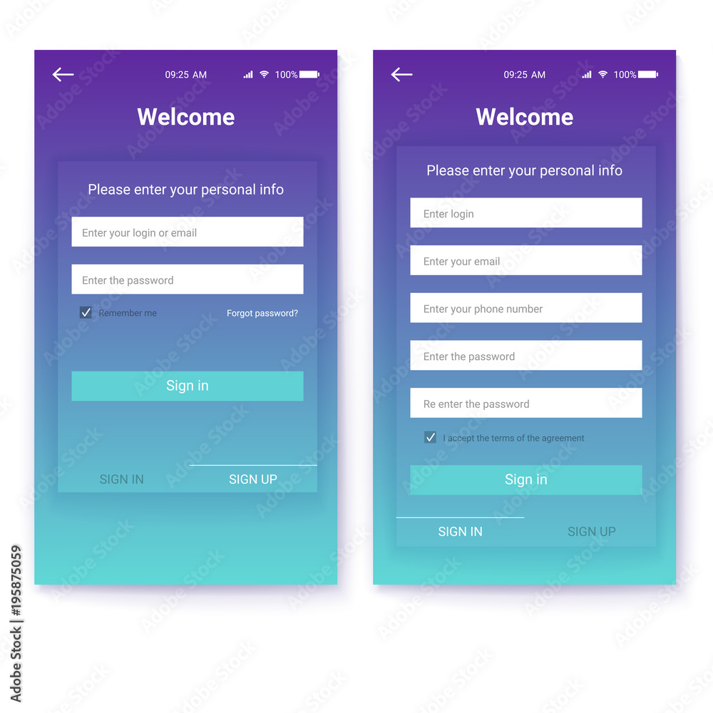 Poster ui design, account authorization or register, interface for touchscreen mobile apps. entrance via lo