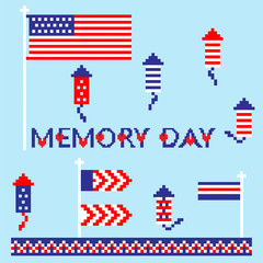 Modern abstract set of memorial, independence day, pixel art icons, isolated background.