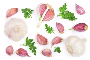 garlic with parsley leaves isolated on white background. Top view. Flat lay pattern