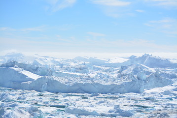 beautiful massive icebergs in the Disko bay Greenland - Icefjord Ilulissat - Baffin bay - summer,...