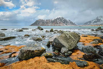 Fototapeta na wymiar Rocky coast of fjord in Norway