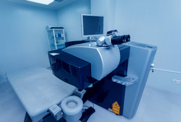 Ophthalmic laser system in eye surgery clinic. Laser treatmnet for myopia