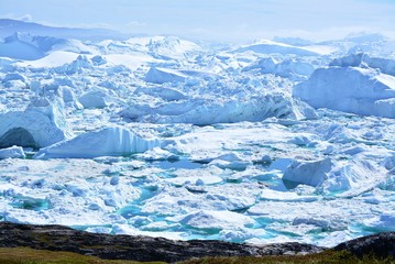 beautiful massive icebergs in the Disko bay Greenland - Icefjord Ilulissat - Baffin bay - summer,...