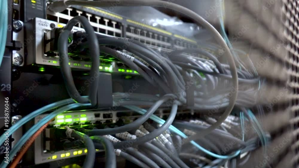 Aufkleber working ethernet switch in data center room, connecting computers together. working ethernet server.