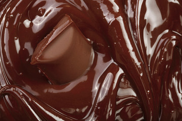 Melted chocolate and pieces of chocolate bar as a background closeup