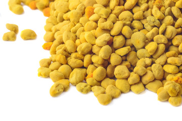 Flower bee pollen isolated on a white background. Natural remedy for immunity enhancement. Beekeeping products. Apitherapy.