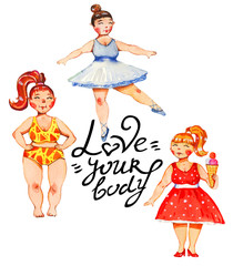 Body postive watercolor hand drawn illustration of three women with love your body lettering
