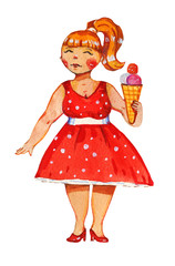 Body postive watercolor hand drawn illustration of woman in retro red dress and ice cream