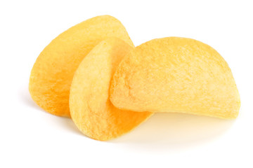 three potato chips on white background close-up