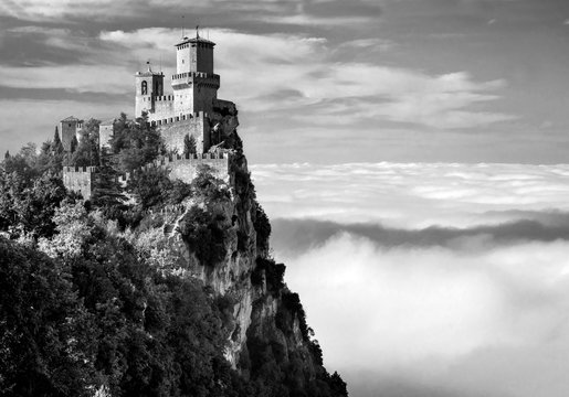 Rocca della Guaita, the most ancient fortress of San Marino, Italy. Black and white photo