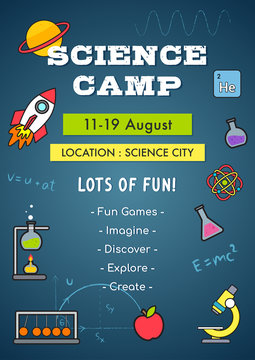 Science Camp Invitation Poster Vector illustration. Science elements, Rocket with Physics mathematics on chalkboard background. 
