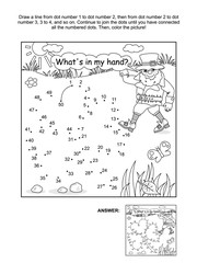 St. Patrick's Day themed connect the dots picture puzzle and coloring page with clover leaf and leprechaun. What's in my hand? Answer included.

