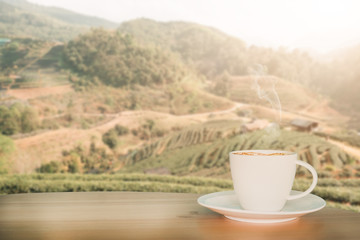 Coffee espresso on wood table nature background in garden,warm tone