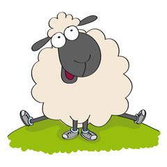 Naklejka premium Śliczne owce w butach, siedząc na wzgórzu i patrząc szczęśliwy - oryginalna ręcznie rysowane zabawna ilustracja kreskówka