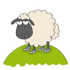 Dull sheep in shoes, standing on the hill and looking stupid - original hand drawn funny cartoon illustration