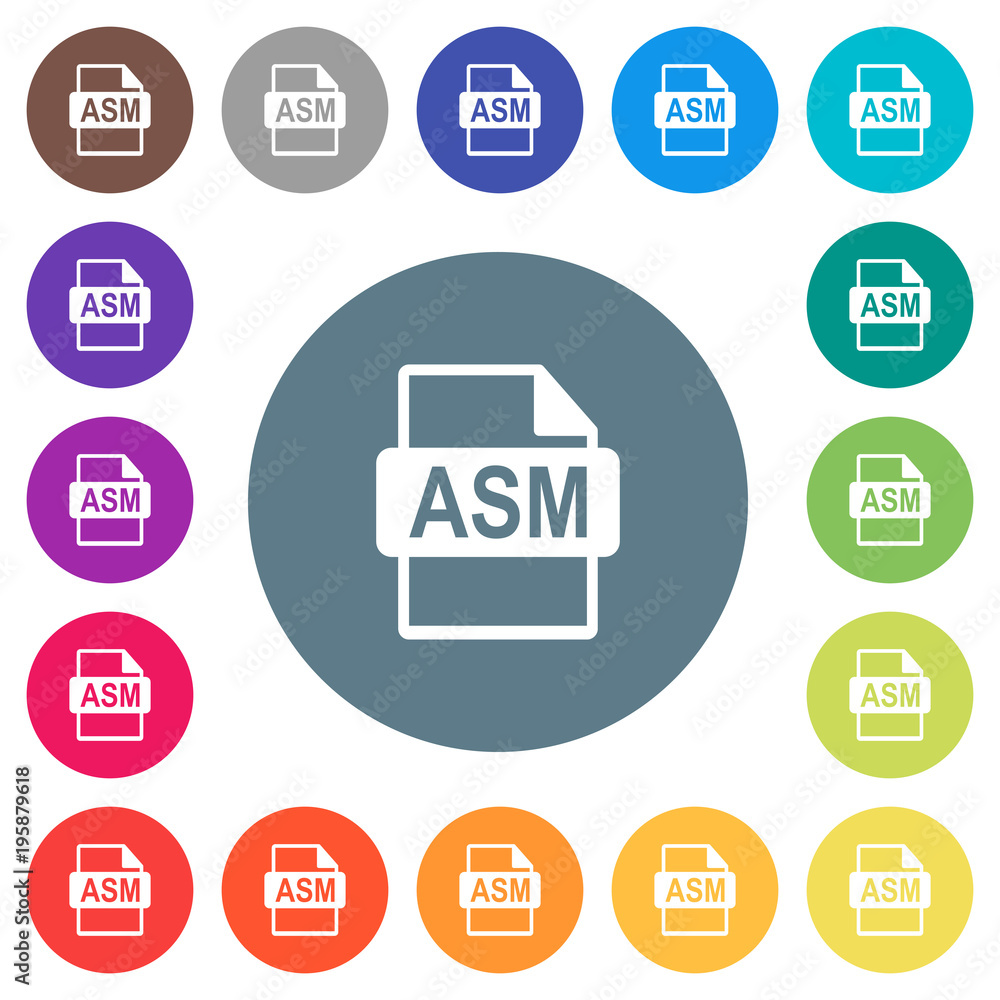 Poster asm file format flat white icons on round color backgrounds