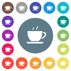 Cup of coffee flat white icons on round color backgrounds