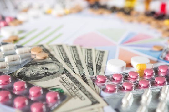 Medical marketing and healthcare business analysis report with graph and many. Pile of pills in blister packs background