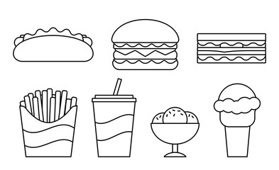 Fast food line icons. Vector. Set unhealthy meal in flat design. Linear restaurant snacks isolated. Junk cooking elements. Black white outline sketch. Coloring page.