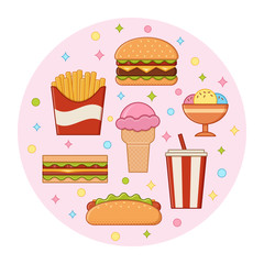 Fast food icons in circle concept. Vector. Set unhealthy meal in flat line art style. Linear restaurant snacks. Junk cooking elements on pink background. Colorful banner. Outline design.