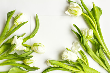 Letter and bouquet on white background. Invitation card, or love letter with white tulips. Top view, flat lay