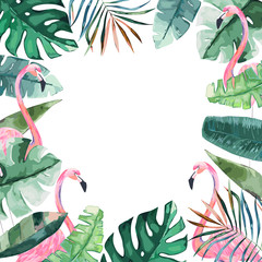 Fototapeta na wymiar Watercolor frame with tropical jungle leaves and pink flamingo.Vector aloha illustration