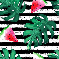 Abstract seamless pattern with watermelon on striped background. Vector illustration