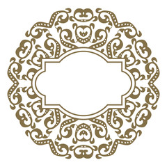 Vector golden ornate frame for you message. Floral ornament with gold ribbon. Luxury decor for design in Victorian style. Vintage oriental template. EPS 8