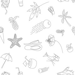 Seamless pattern with hand-drawn objects on the theme of the sea and vacation. Vector illustration