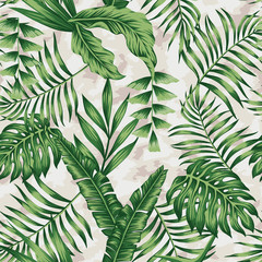 Tropical plants green colors seamless watercolor background