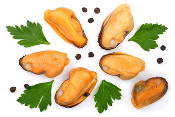 mussels with parsley and peppercorns isolated on white background. Top view. Flat lay