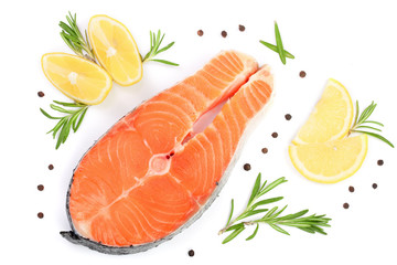 Slice of red fish salmon with lemon, rosemary and peppercorns isolated on white background. Top view. Flat lay