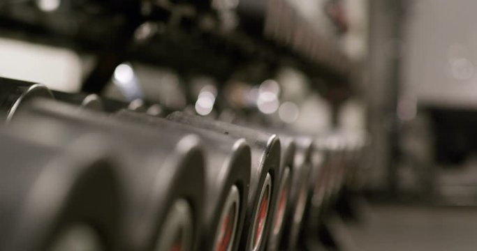 Row of dumbbells in modern sports firness club
