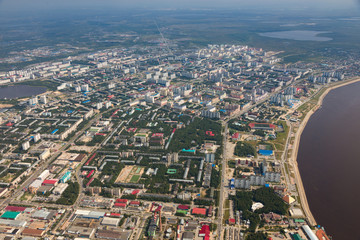 Fototapeta premium Top view the city of Nizhnevartovsk in spring