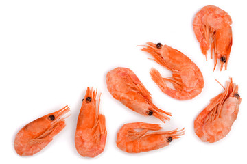 Red cooked prawn or shrimp isolated on white background with copy space for your text. Top view. Flat lay