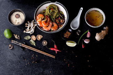 Green tea soba noodles with shrimp