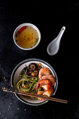 Green tea soba noodles with shrimp