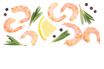 Red cooked prawn or shrimp with rosemary and lemon isolated on white background with copy space for your text. Top view