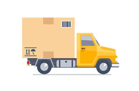 Delivery truck transporting a cardboard package. Flat modern vector illustration.