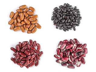 Collection set of Various dried kidney legumes haricot beans, close up isolated on white background