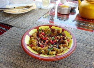 Vegetarian snack. Arabic cuisine. Salad from aubergines.